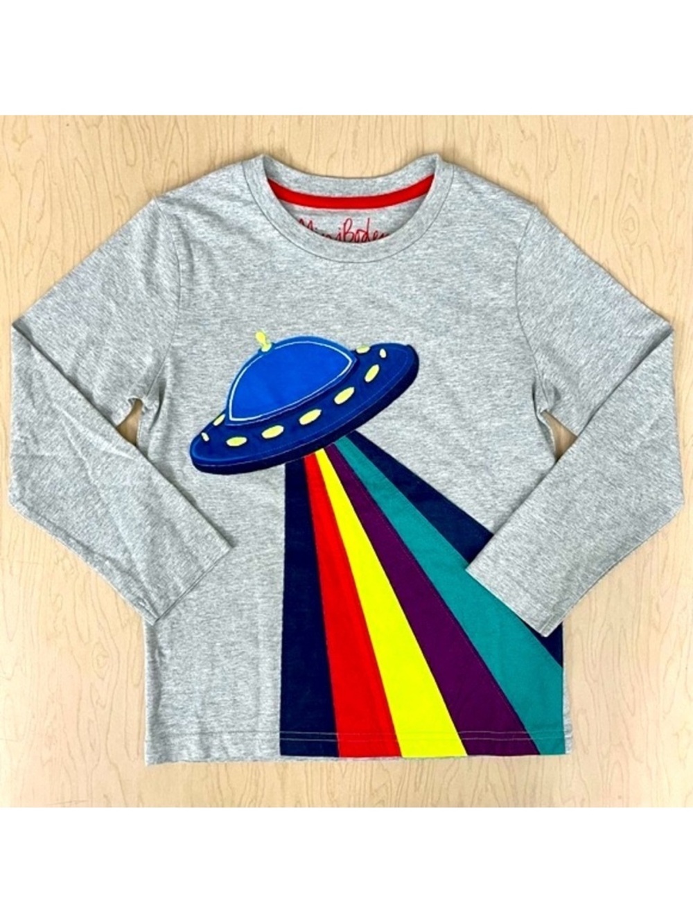 New Mini Boden Tee Boys 5-6 Y UFO Big Applique Spaceship Shirt Grey Grey Spring